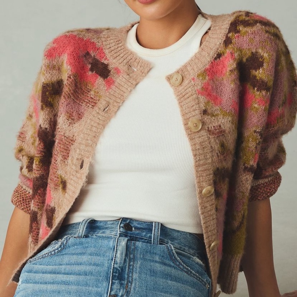 Anthropologie - Textured Crewneck Cardigan Sweater - Pink Combo - Size XS